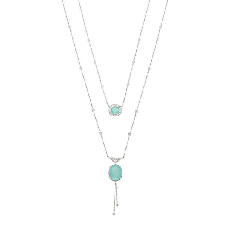 Double strand white gold, Paraíba-type tourmaline and diamond swag fringe chain necklace