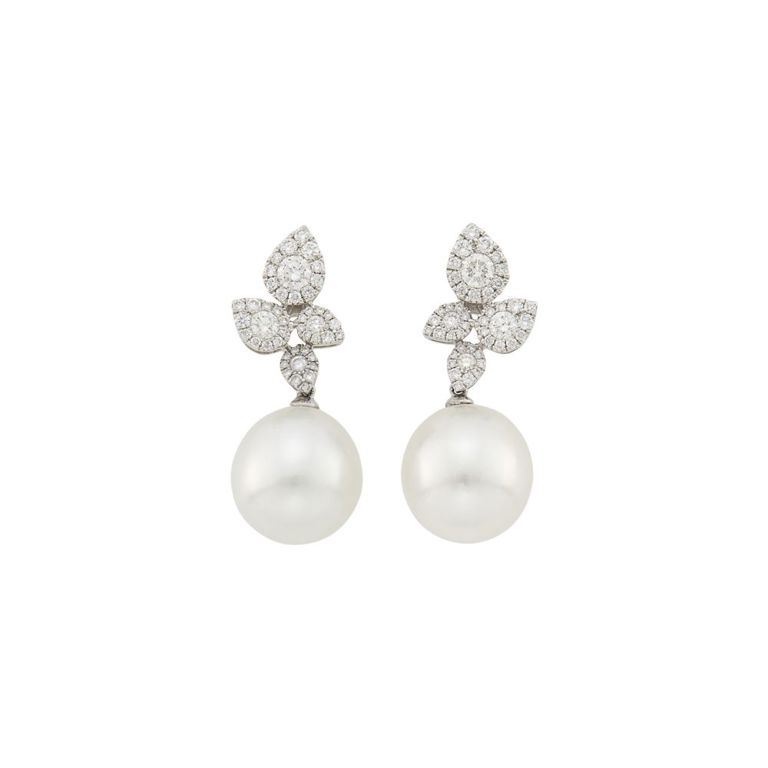 Pair of white gold, South Sea cultured pearl and diamond pendant-earrings