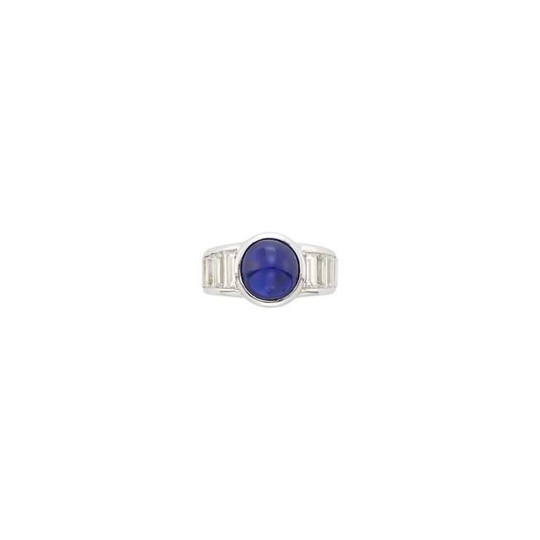 White gold, cabochon sapphire and diamond ring, France