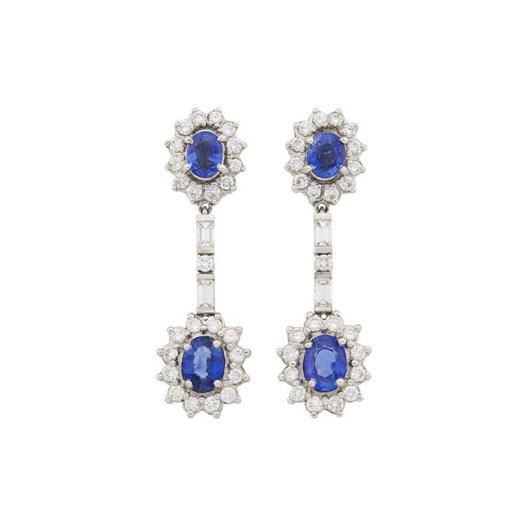 Pair of white gold, sapphire and diamond pendant-earrings
