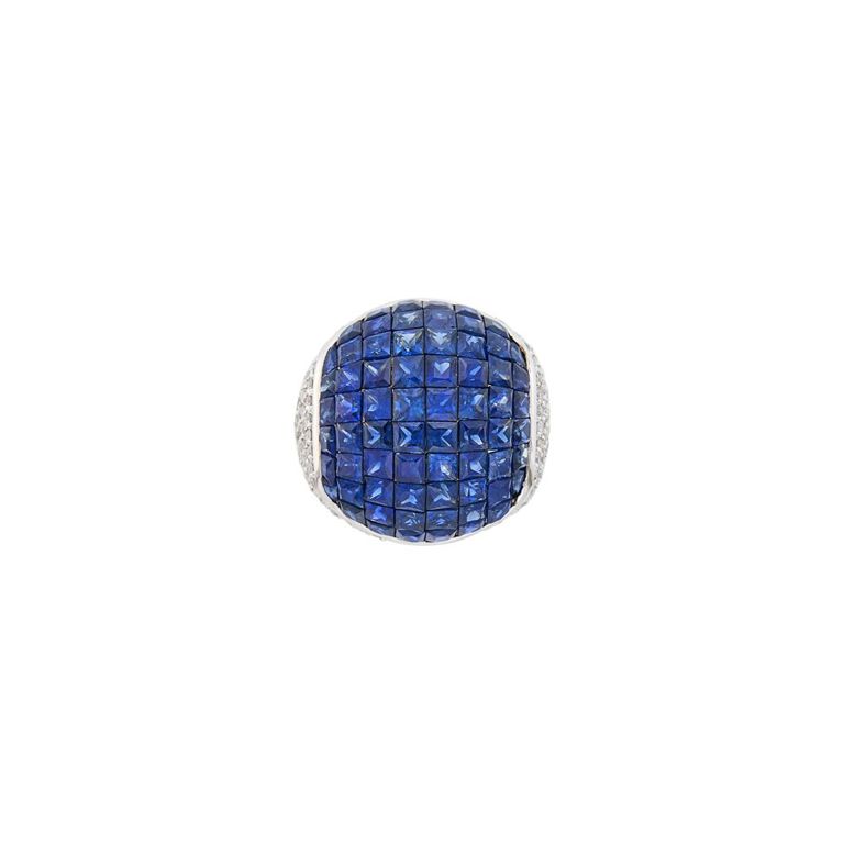 White gold, invisibly-set sapphire and diamond bombé ring
