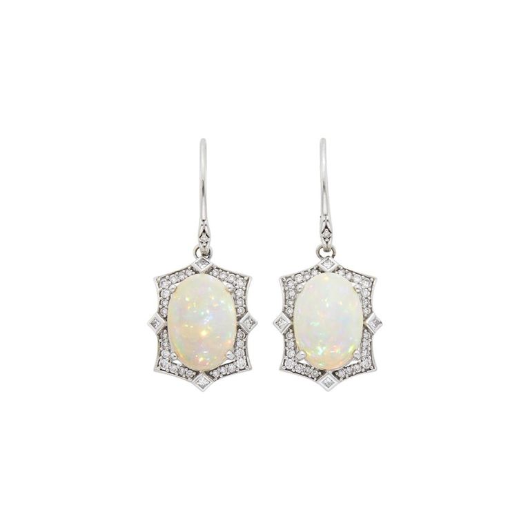 Pair of white gold, opal and diamond pendant-earrings