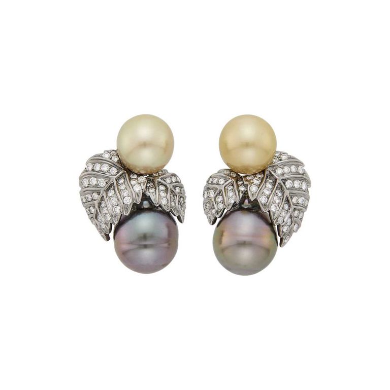 Blackened gold, golden and Tahitian gray cultured pearl and diamond earclips
