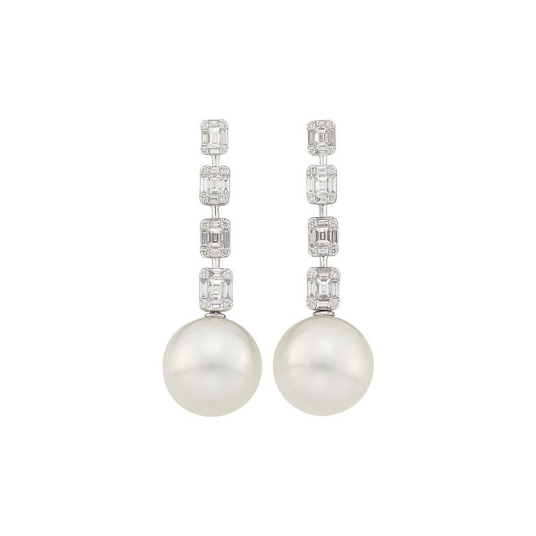 White gold, South Sea cultured pearl and diamond pendant-earrings