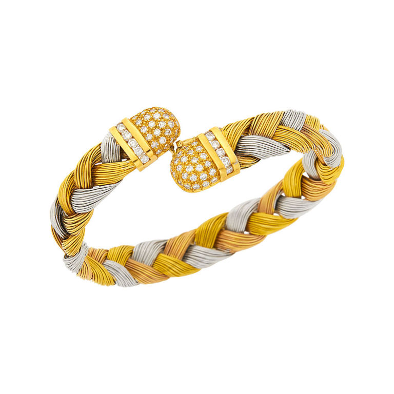 Tricolor braided gold and diamond bangle bracelet