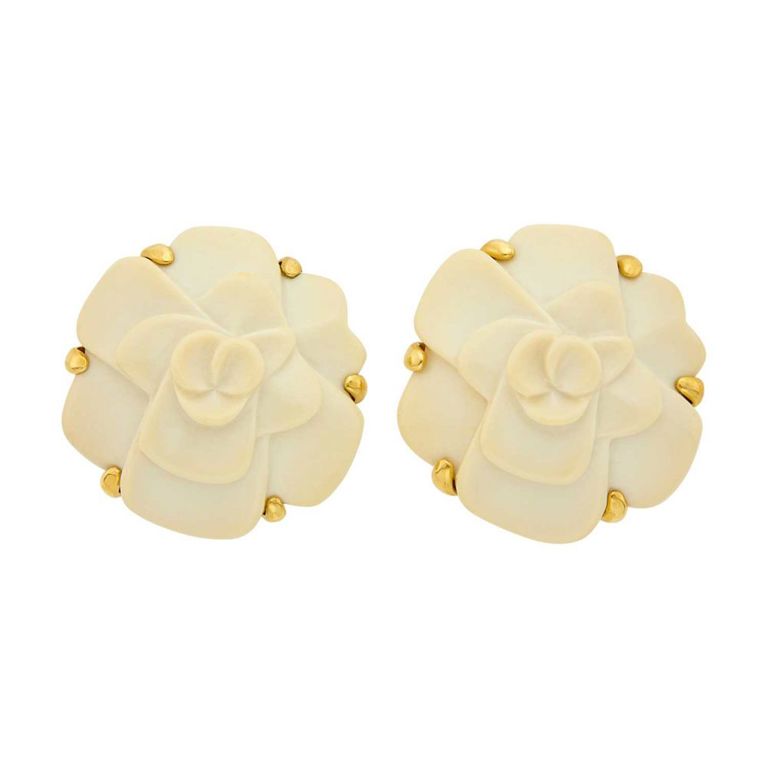 Chanel gold and carved cream agate 'Camellia' flower earclips