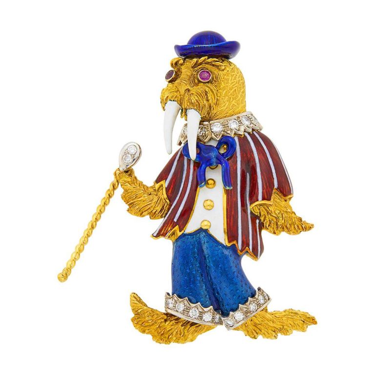 Two-color gold, multicolored enamel and diamond walrus clip-brooch