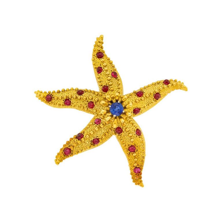 Tiffany & Co., Schlumberger gold, sapphire and cabochon ruby starfish clip-brooch