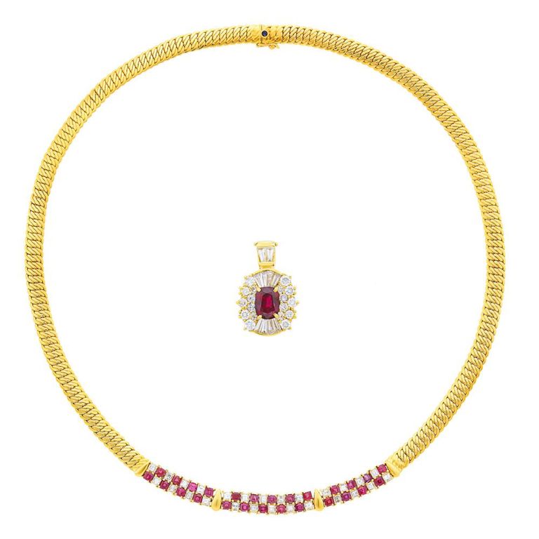 Gold, ruby and diamond necklace and enhancer