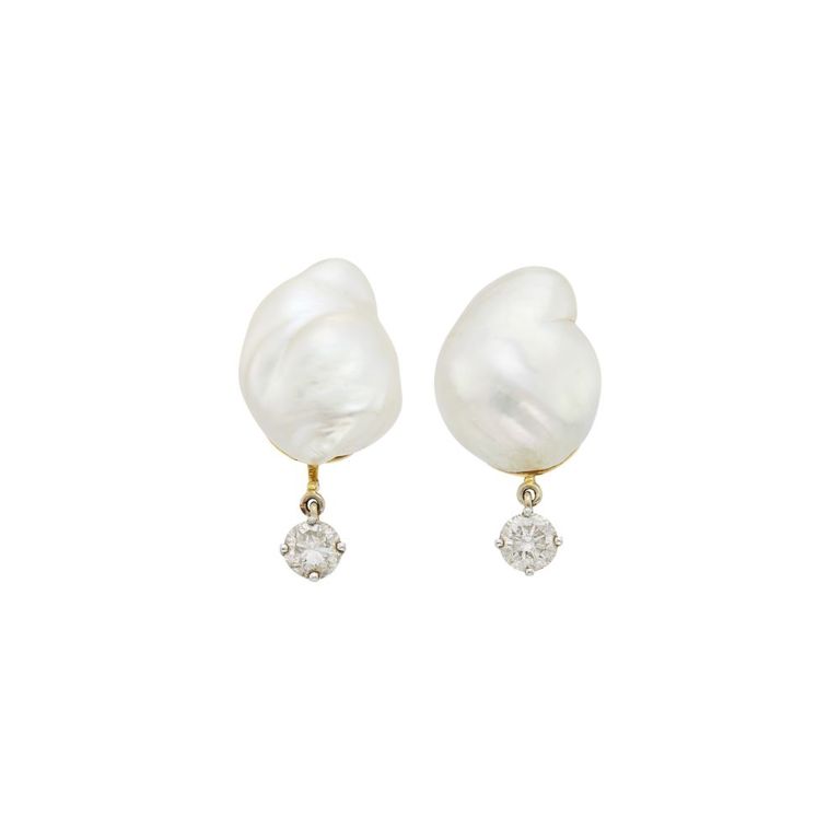 Two-color gold, South Sea pearl and diamond earclips