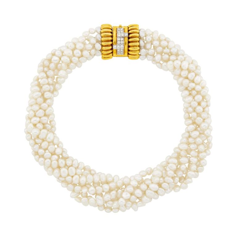 Freshwater pearl torsade necklace with gold and diamond clasp