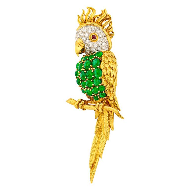 Gold, platinum, cabochon emerald, diamond and ruby cockatoo clip-brooch