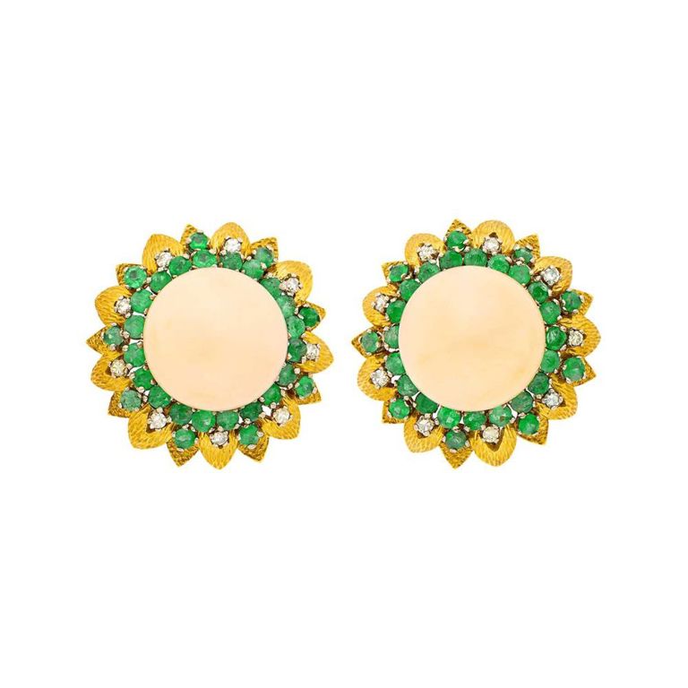 Gold, angel skin coral, emerald and diamond earclips