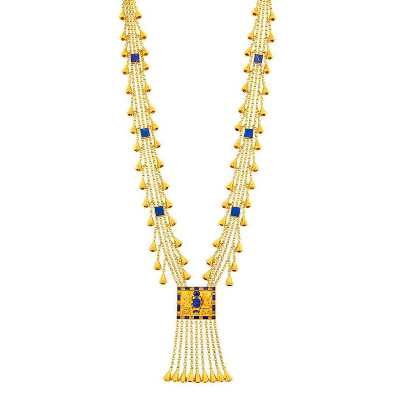 Triple strand gold and lapis pendant fringe necklace