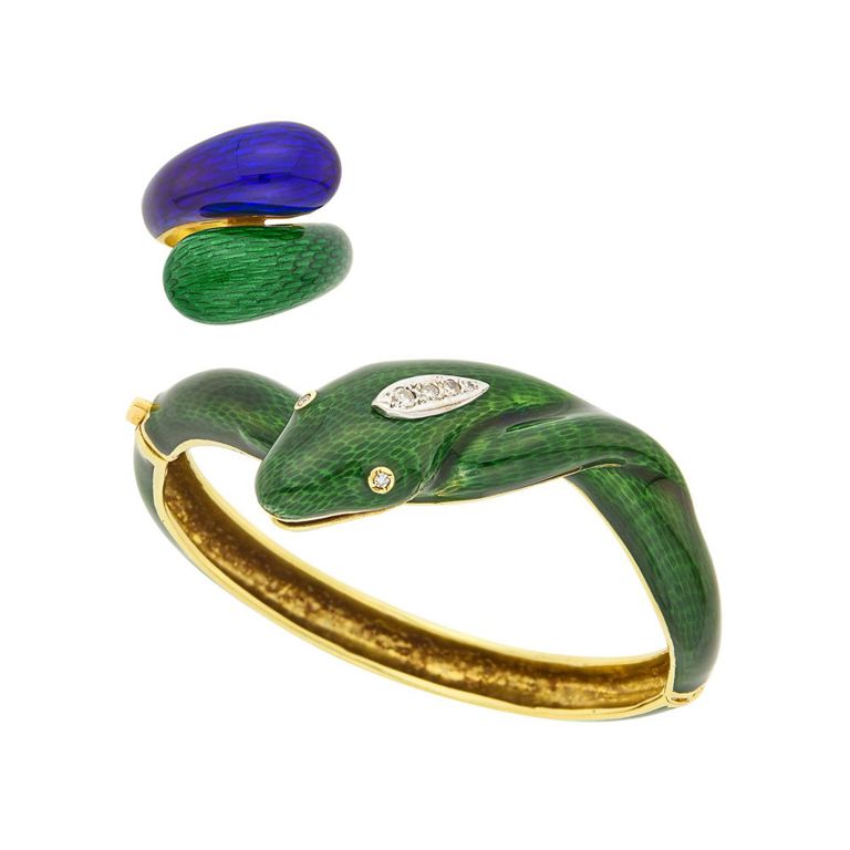 Gold, enamel and diamond bangle bracelet and ring