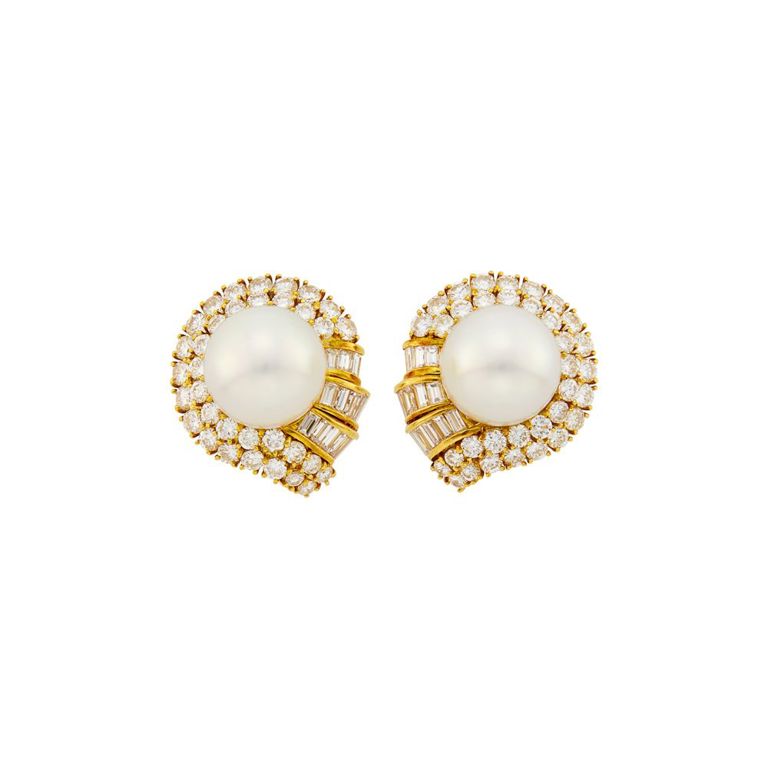 Gold, cultured pearl and diamond earclips