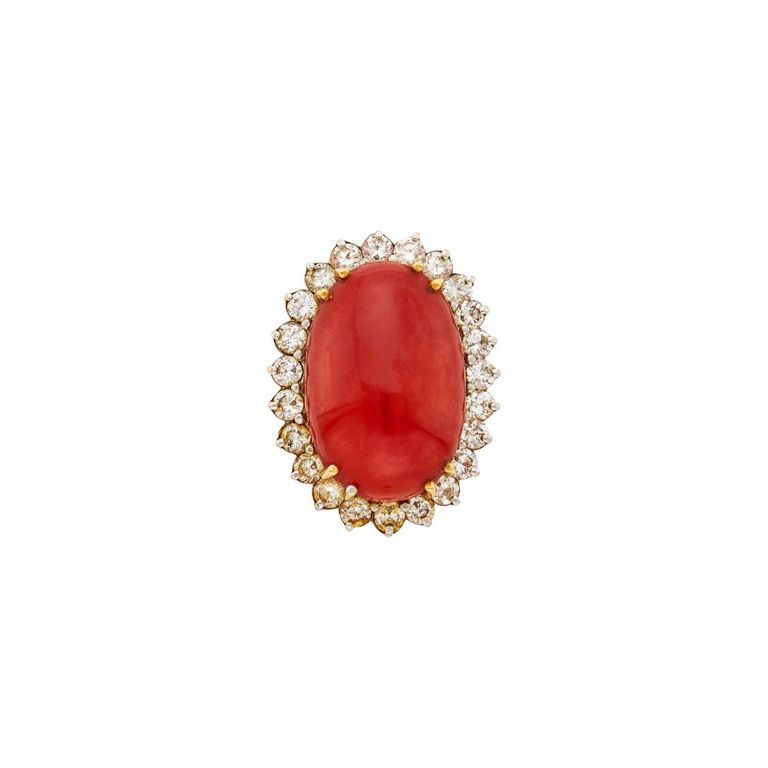 Gold, coral and diamond ring
