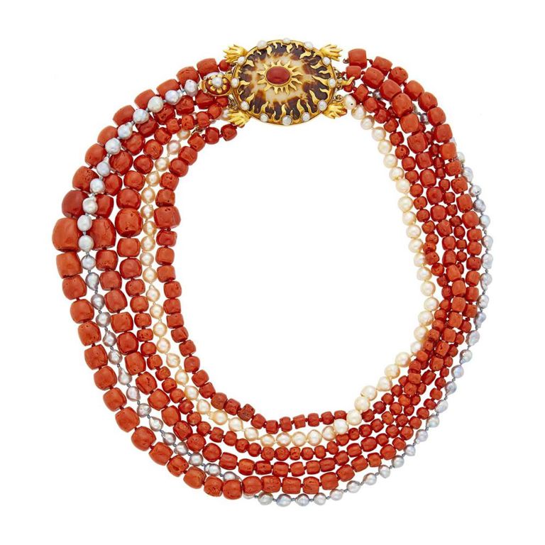 Tony Duquette coral and pearl necklace with turtle brooch clasp