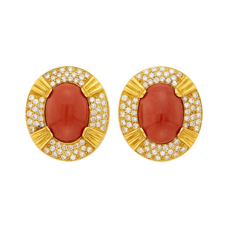 Gold, coral and diamond earclips