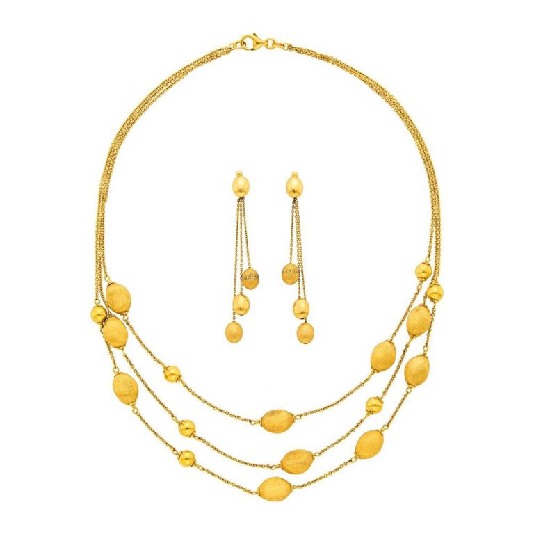 Triple strand gold bead chain necklace and pendant-earrings