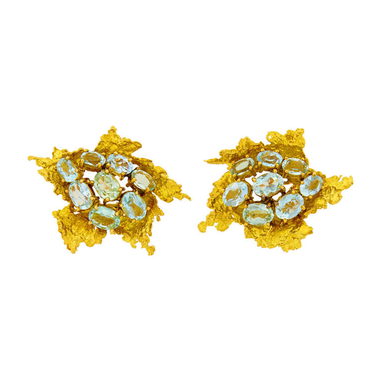 Gold and aquamarine earclips