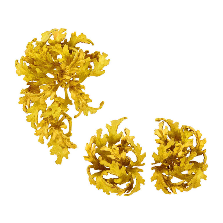Gold leaf clip-brooch and earclips