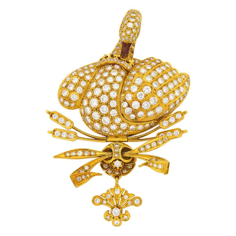 Gold, diamond and brown enamel swan pendant-brooch