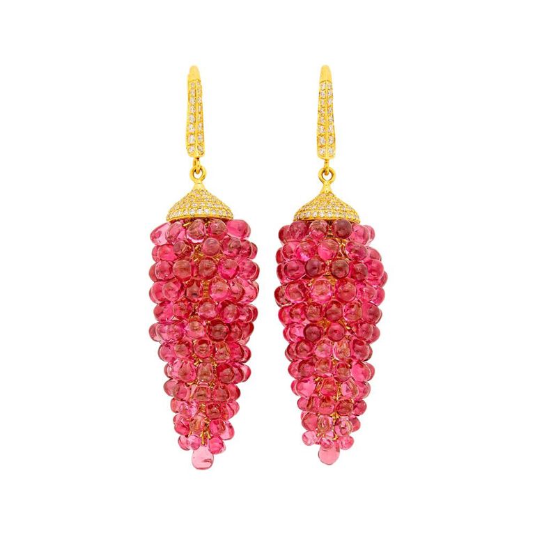 Gold, pink spinel bead and diamond pendant-earrings