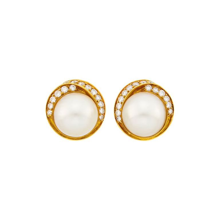 Gold, mabé pearl and diamond earclips