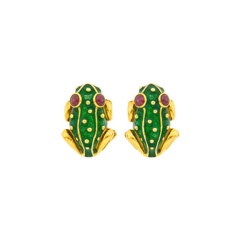 Hidalgo gold, green enamel and cabochon ruby frog earrings