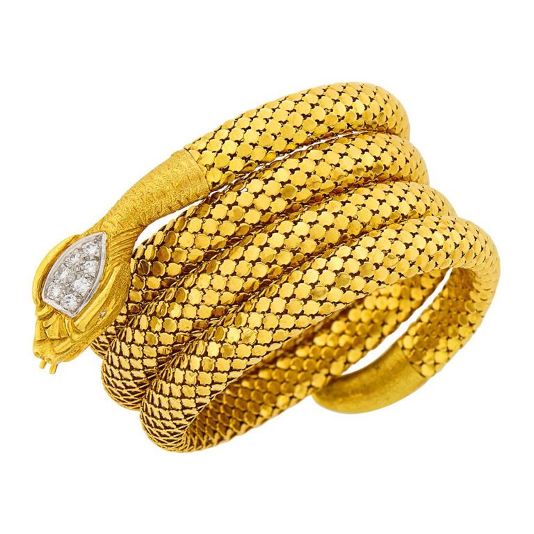 Gold and diamond coiled serpent bracelet