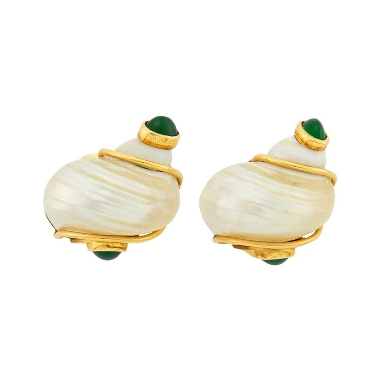 Seaman Schepps gold, shell and green onyx 'Turbo Shell' earclips