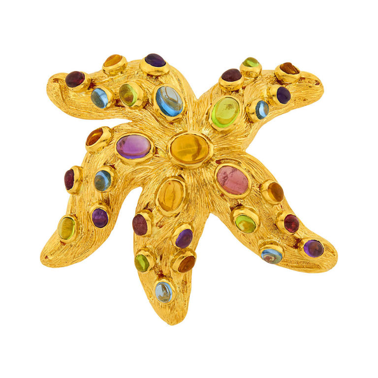 Gold and cabochon colored stone starfish clip-brooch