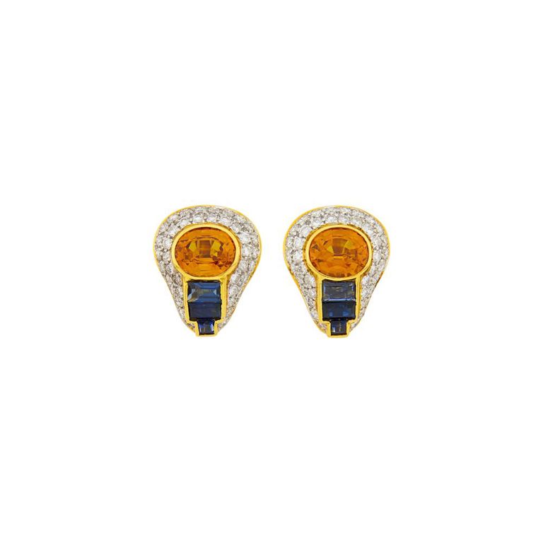 Two-color gold, orange sapphire, sapphire and diamond earclips