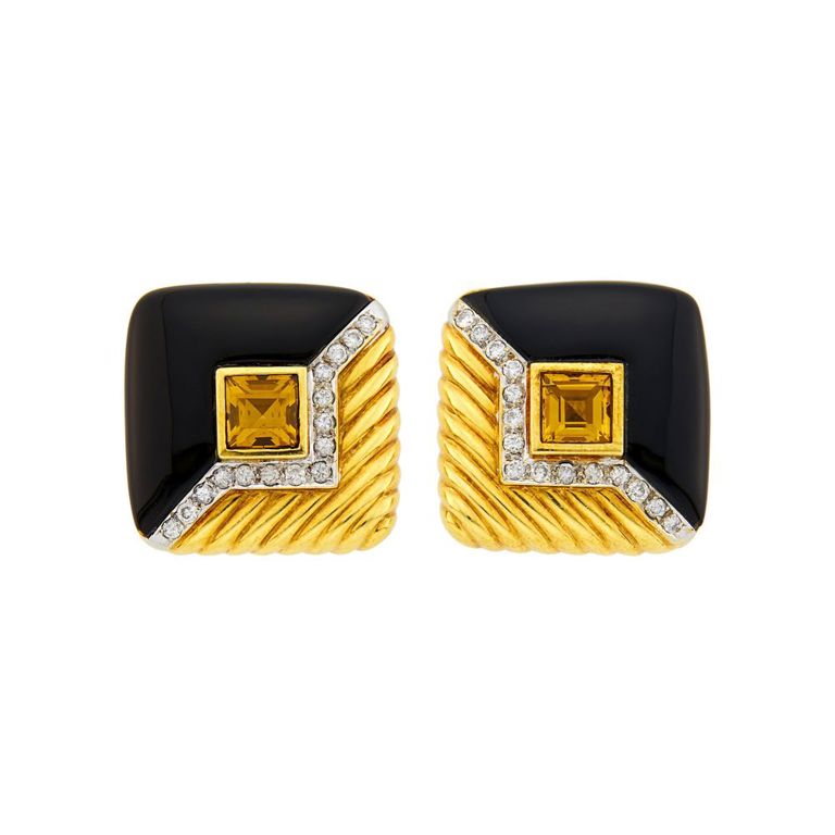 Gold, citrine, black onyx and diamond earrings