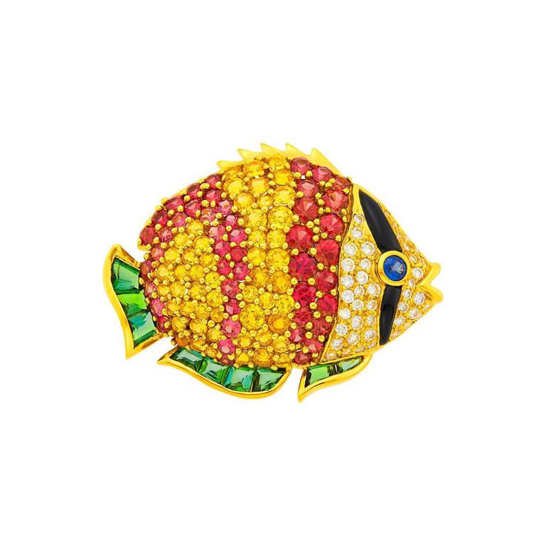 Gemlok gold, colored stone, black onyx and diamond fish brooch