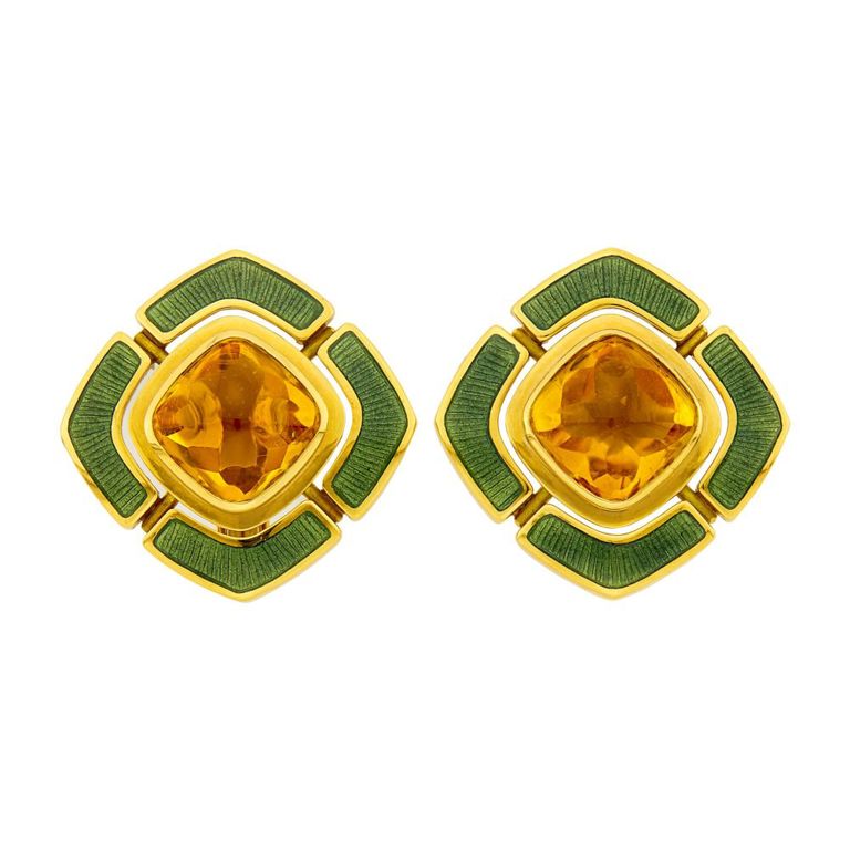 De Vroomen gold, citrine and green enamel earrings
