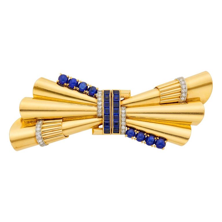 Gold, platinum, sapphire and diamond double clip-brooch