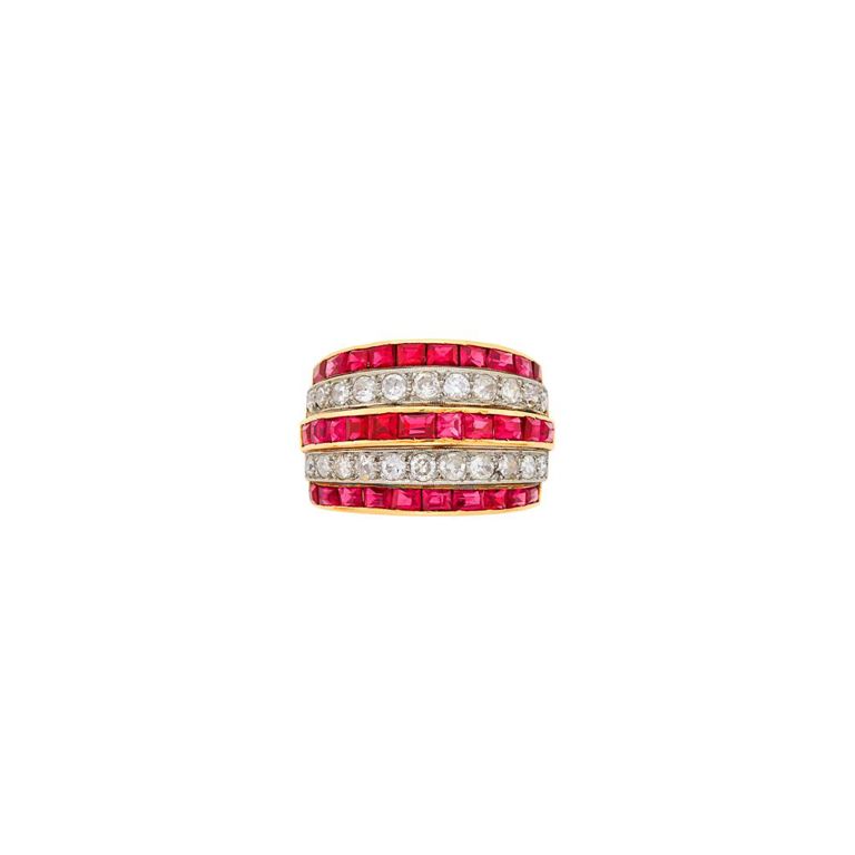 Wide rose gold, platinum, ruby and diamond ring