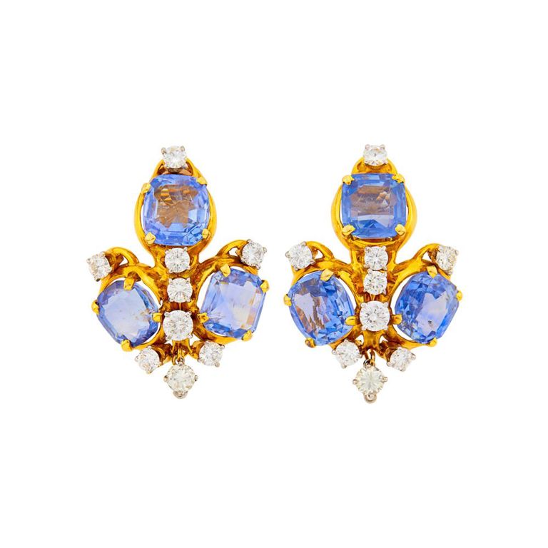Two-color gold, sapphire and diamond earclips