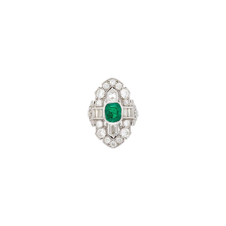 Platinum, emerald and diamond ring