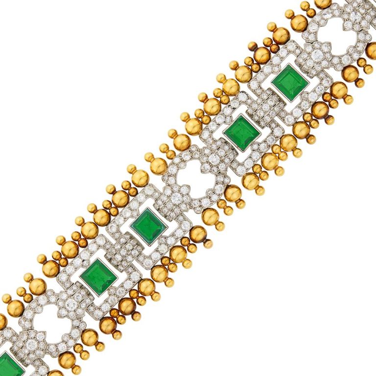 Wide gold, platinum, emerald doublet and diamond bracelet