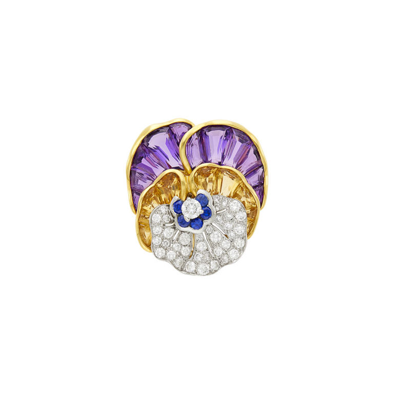 Gold, platinum, amethyst, citrine and diamond pansy earclip