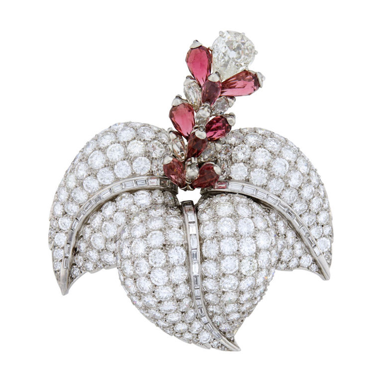 Platinum, diamond and briolette garnet clip-brooch