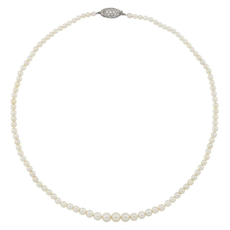 Natural pearl necklace with platinum and diamond clasp
