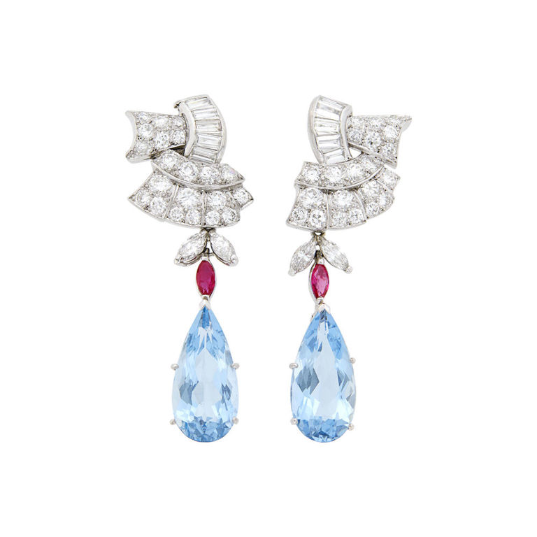 Platinum, diamond, ruby and aquamarine pendant-earrings