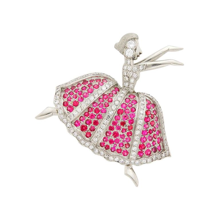 Platinum, ruby and diamond dancer brooch