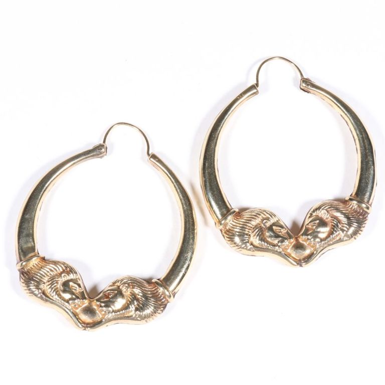 14k yellow gold "kissing lions" hoop earrings
