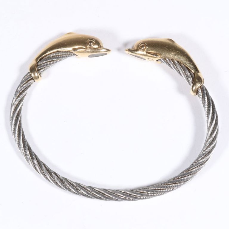 14k yellow gold and stainless steel "kissing dolphins" cuff bracelet
