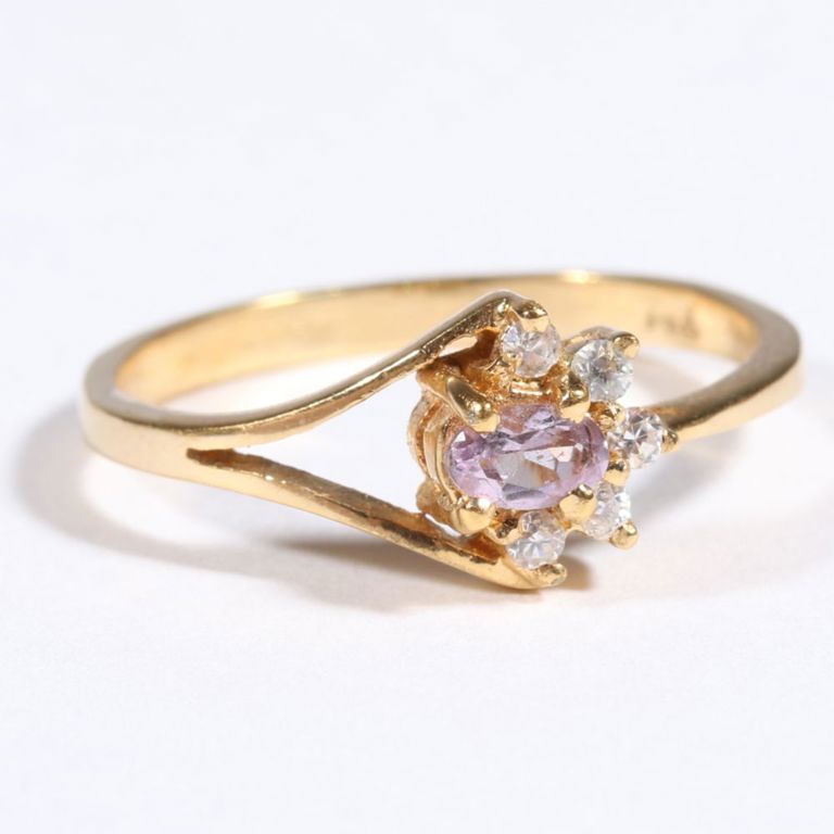 14k yellow gold amethyst, rose quartz and diamond ring